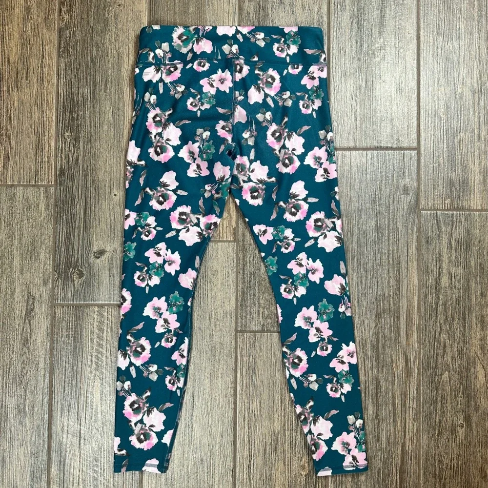 Women's Teal Floral Leggings‎ Activewear Pants High Waist Stretch Workout Gym